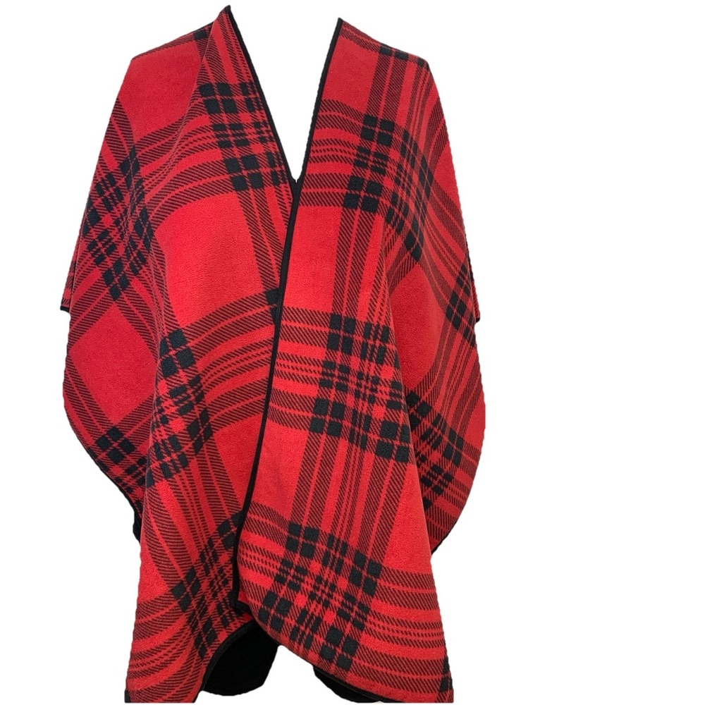 Woolrich Reversible Fleece Poncho Wrap Red Plaid Black One Size Open Front Shawl